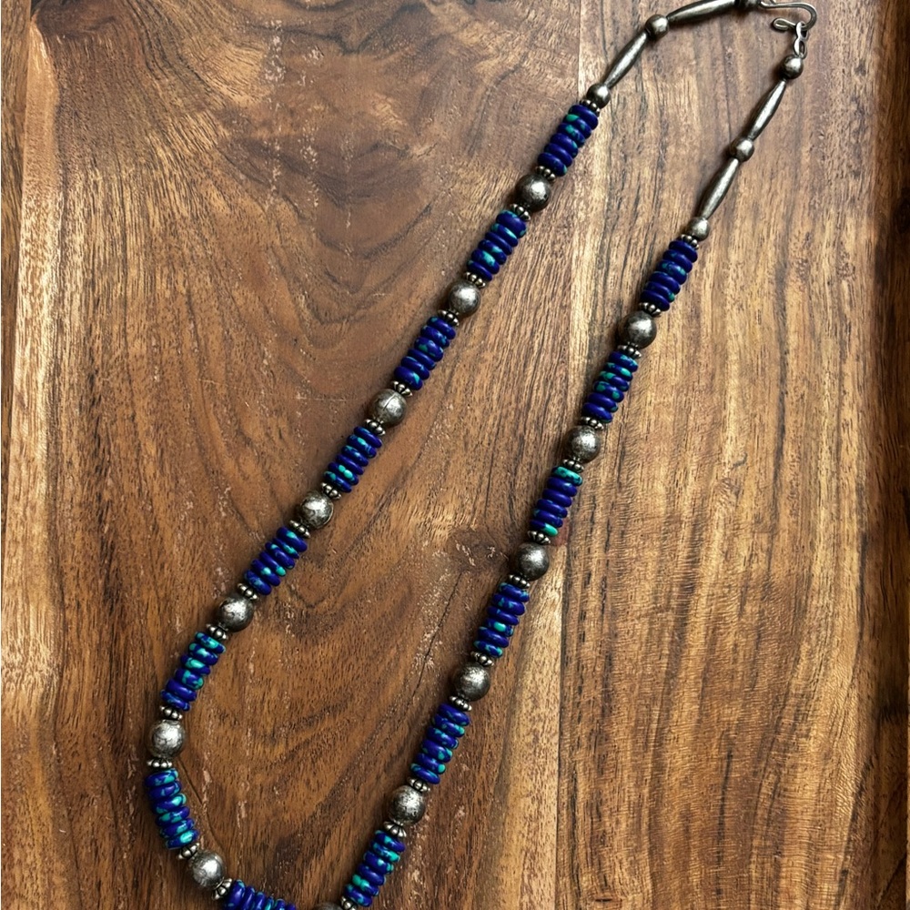 Vintage Navajo Necklace Beaded Silver Blue Green STUNNING! 22 inches